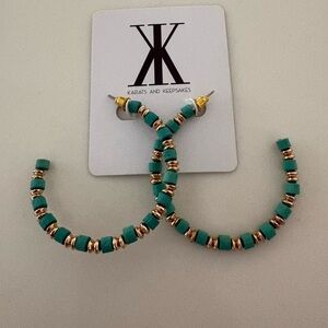 Teal Beaded Hoop Earrings with Gold Accents